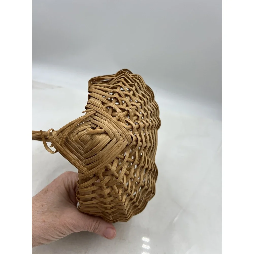 VTG Hand Woven Wicker Buttocks Basket Natural Wood Split Reed God's Eye Handle